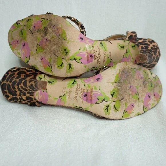 Betsey Johnson sz 8.5M Vero Cuoio Strappy Sandal Leopard Print Rhinestone Heels - Picture 6 of 9